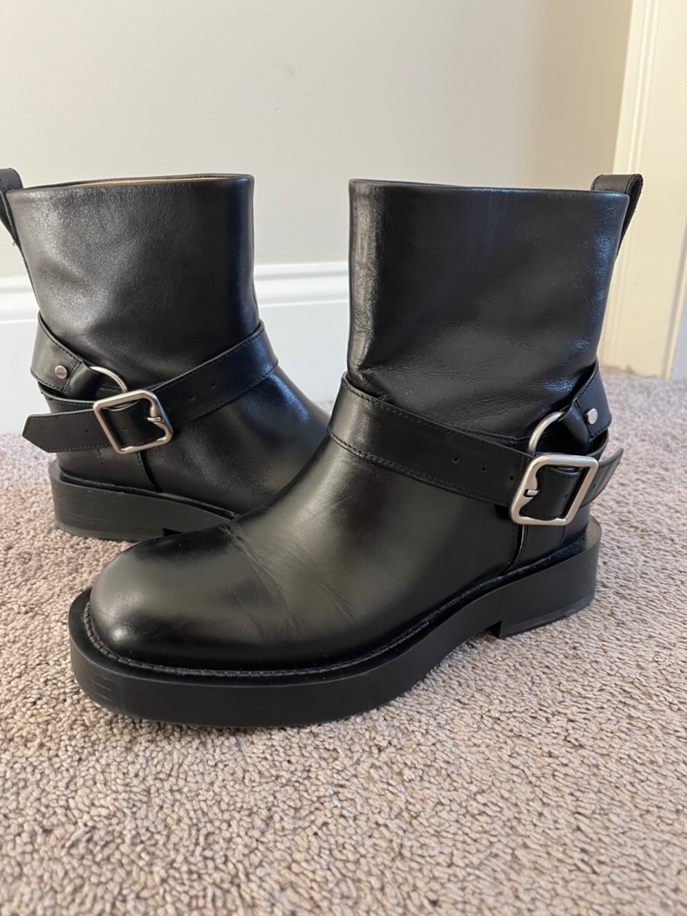 Black Leather Ankle Booties with Buckle Strap